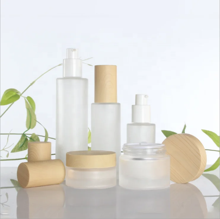 Cosmetic Frosted Glass Bottle Set Wooden Lid Plastic-Reusable Convenient Portable Empty Lotion Spray Cream Bottles for Household