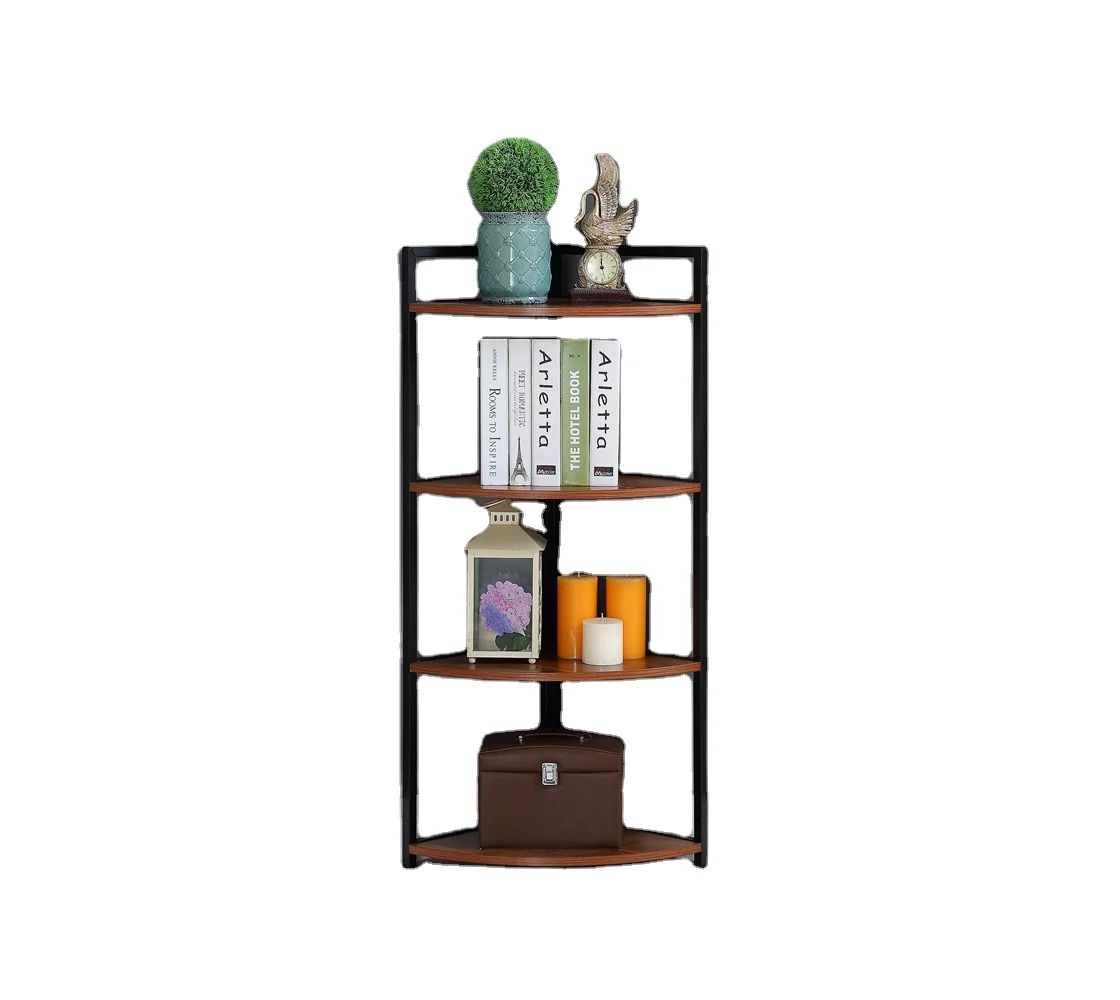 

best price 4 layer wooden top metal frame organizer commodity storage rack standing wall corner shelf for saving place, Black