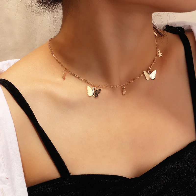 

Bohemian Cute Butterfly Choker Necklace For Women Gold Silver Color Clavicle Chain 2020 Fashion Female Chocker Jewelry, Picture shows