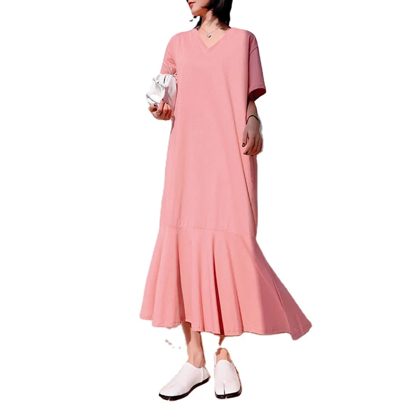 

Wholesale Cheap Summer Casual Short Sleeve T Shirt Dress Women Plain Loose Plus Size Ruffle Maxi Dresses Onesise