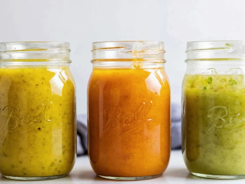 Three mason jars with different colored salad dressings
