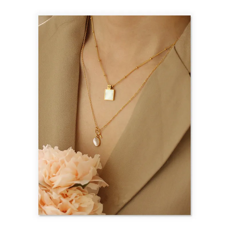 

2021 New Arrival Retro Round Square Shell Fritillary Necklace 18K Gold Plated Stainless Steel Round Bead Chain Clavicle Necklace