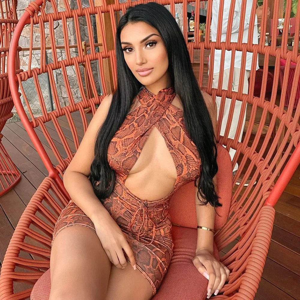 

Party Backless Halter Mini Dresses Women Bodycon Wrap Sleeveless Print Pencil Short 2021 Ladies Sexy Clubwear