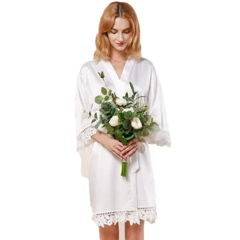 

FUNG 3031 OEM Cheap White Silk Bathrobe Bridal Party Women Dressing Gown Bridesmaid Gift Bath Robes With Lace, 9 colors