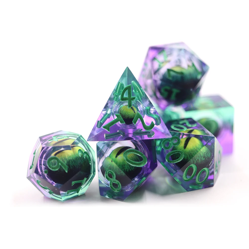 

2023 Resin Dice 7pcs Dnd Set Dungeons & Dragons sharp edge purple and green dragon eye ball dice