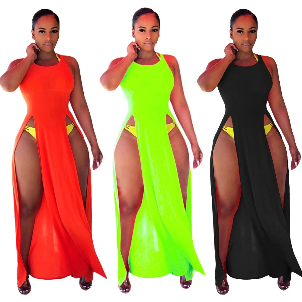 

Summer New Vest Maxi Dress Open Leg Solid Color Cut-out Long Side Split Prom Dress Sexy Club Wear Dress, Orange red, black,fluorescent green