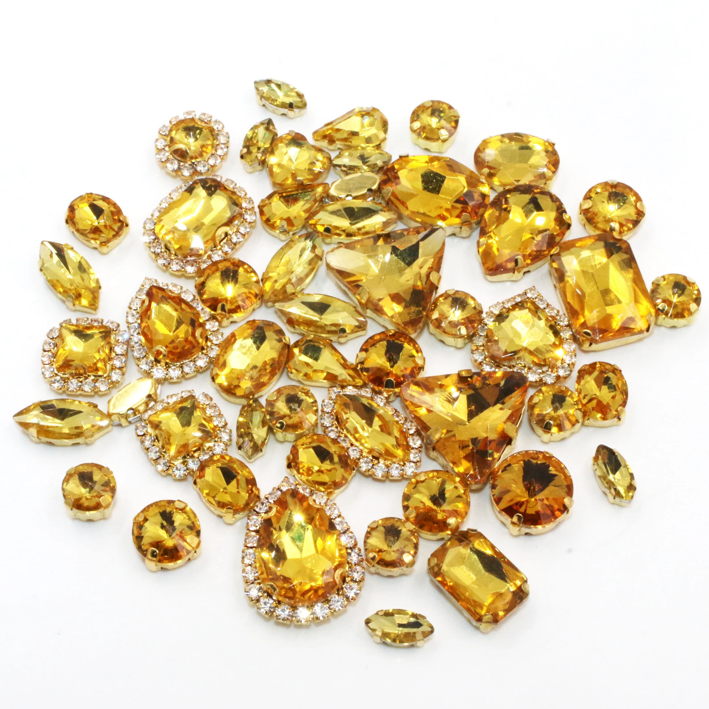

50pcs/bag Golden yellow  8 shapes Crystal glass Rhinestones with cup chain, 24 colors