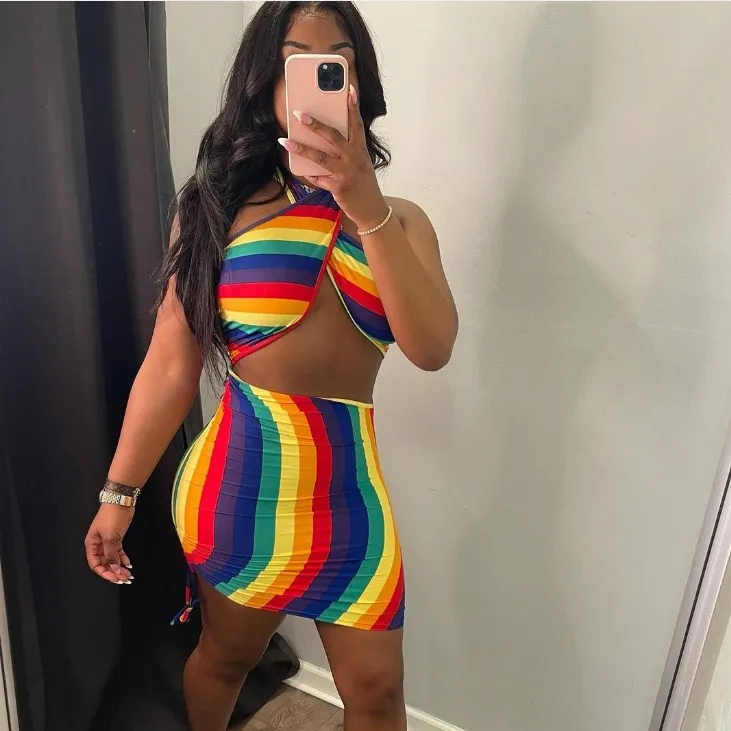 

X03155C Sexy Striped Backless Rainbow Dress Sleeveless Summer Outfits for Women Beachwear Hollow Out Birthday Club Mini Dresses, Black