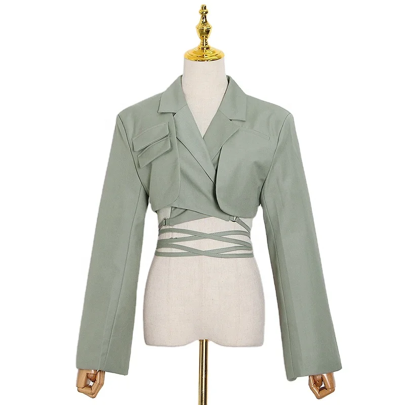 

TWOTWINSTYLE Blazer For Women Notched Collar Long Sleeve Hollow Out slim Patchwork Bandage