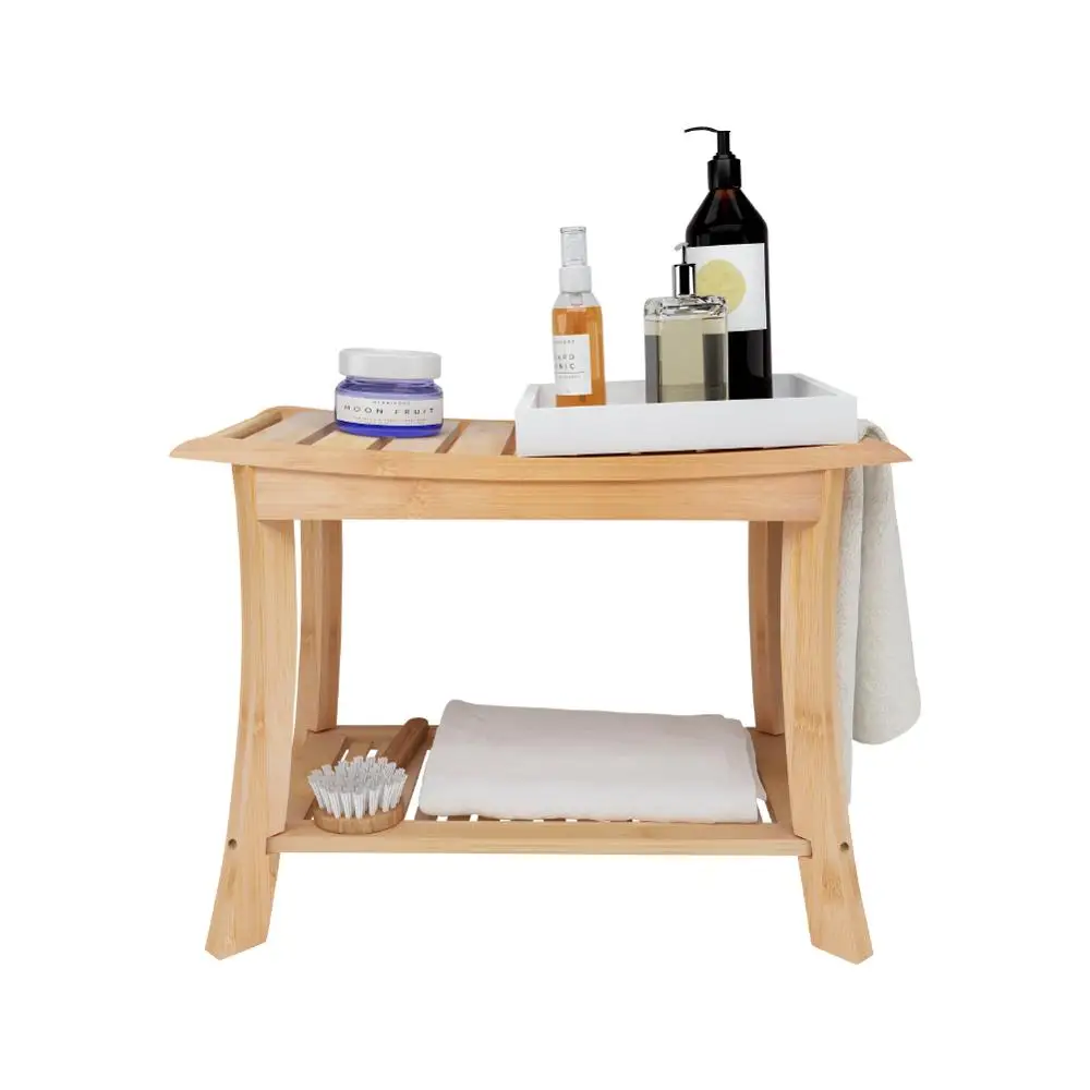 
Bamboo Shower Bench Spa Seat Bathroom Chair with Waterproof Storage Shelf for Indoor or Outdoor 