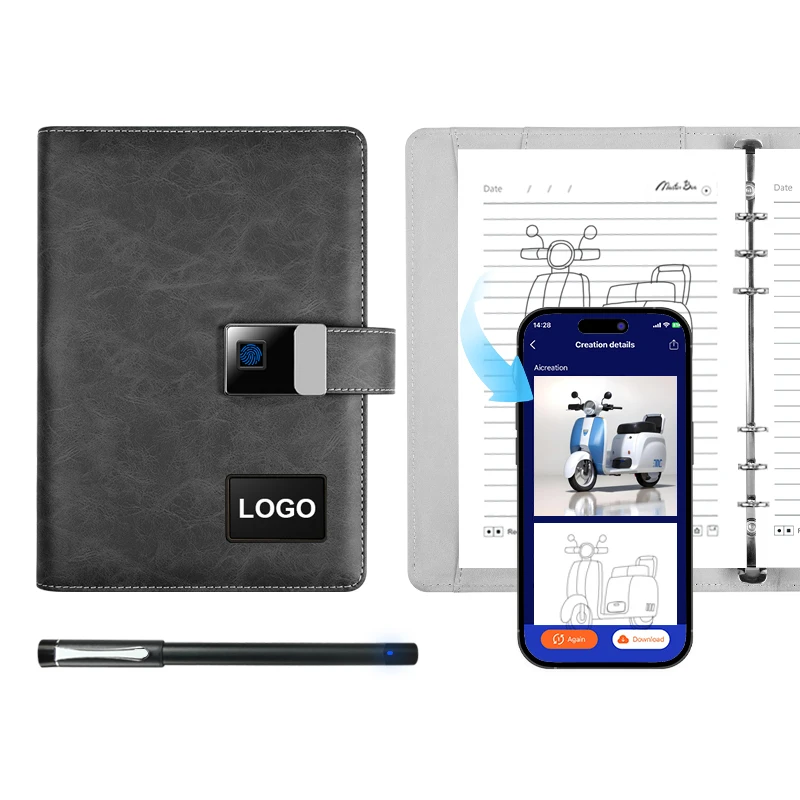 Custom Smart Leather Notebook Paper Screen Sync  Agenda Recording Leather Notebook AI Painting Book Smart Pen Fingerprint Lock