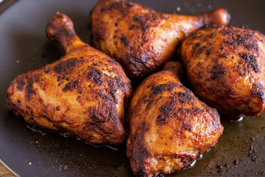 Blackened chicken with spice rub on cast iron skillet