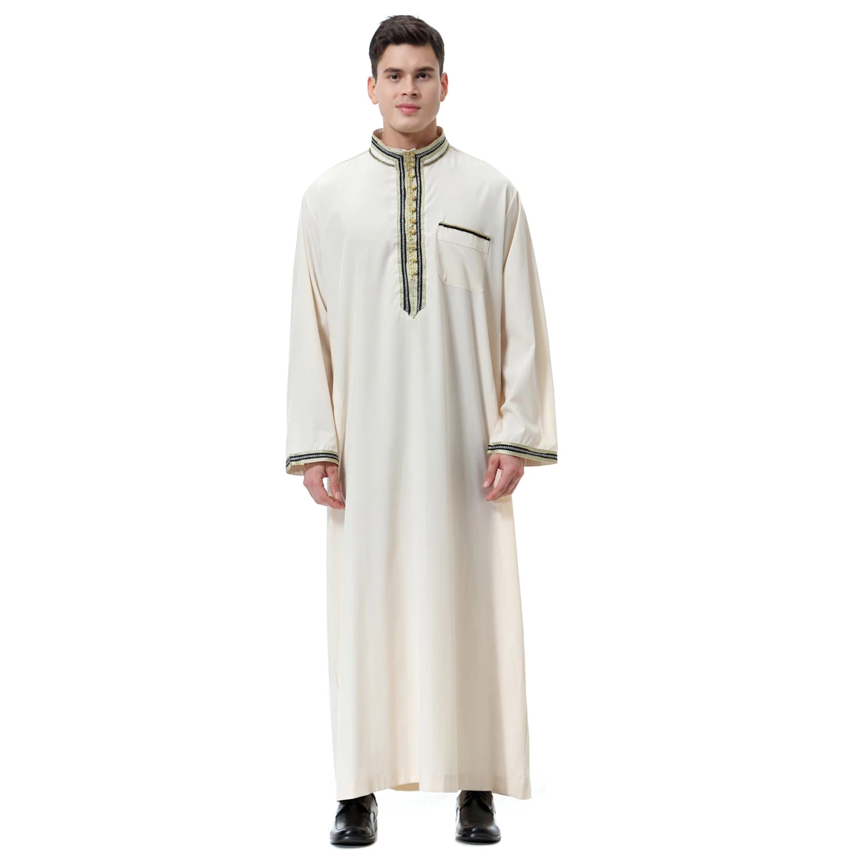 

Islamic Clothing Plus Size Dubai Arab Men's Applique Button Moroccan Thawb Caftan Kaftan Robe With Standing Collar