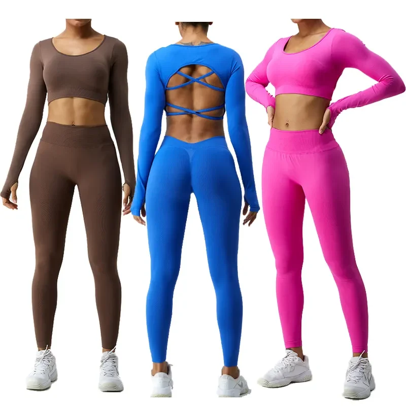 

Aoyema Gym Fitness Sets For Women Yoga Wear Workout Clothing Activewear Seamless Cross Back Long Sleeve 2 Piece Sets