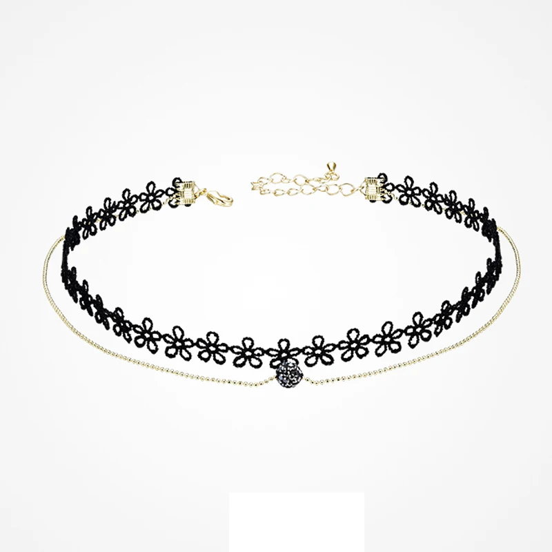 

Charare flower lace zircon alloy double layer choker necklace accessories, Black & gold