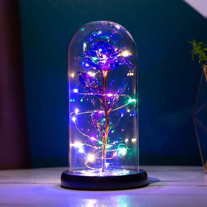 

Wholesale Colorful Wooden Base Small Preserved Forever Red Foil Flower Gift Galaxy Rose Plants Glass Dome LED Light, Custom color