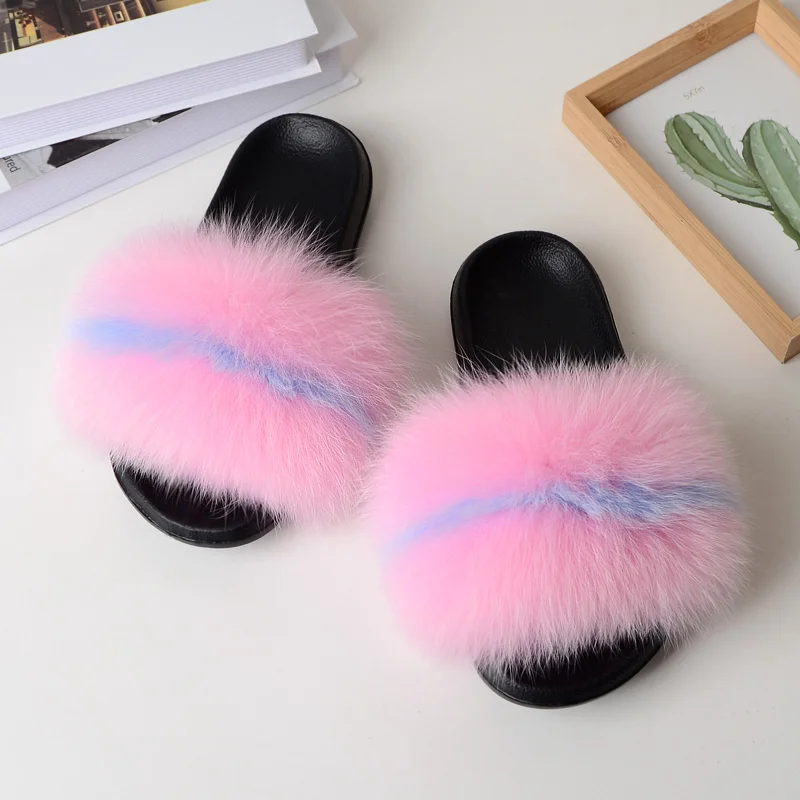 

soft hand feeling flat sole black pink mixed real fur slippers for women, Customized color