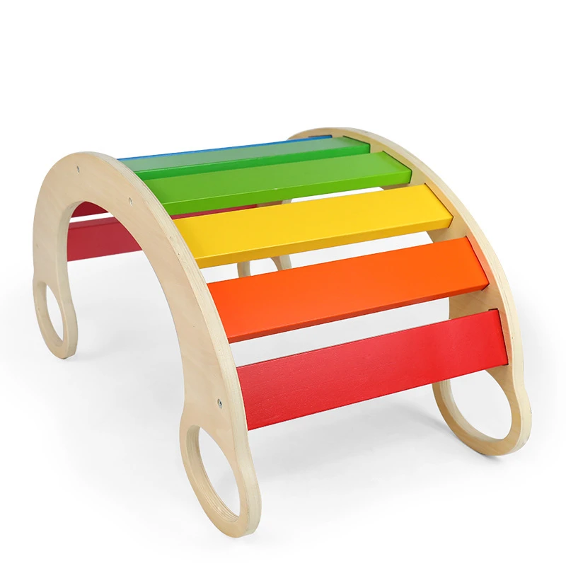 

LM Wooden Kids Multi-functional Rainbow Arch Rocking Boat & Chair Toddler Climbing Sports Toy Kids Educational Wooden Toy, Na