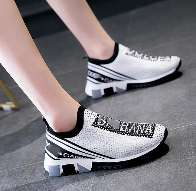 

Hot Selling Famous Women Sneakers Fashion Rhinestone Printing Wedge Thick Sole Shoes Mesh Breathable Big Size Ladies Sneakers, White\black\blue\yellow\red