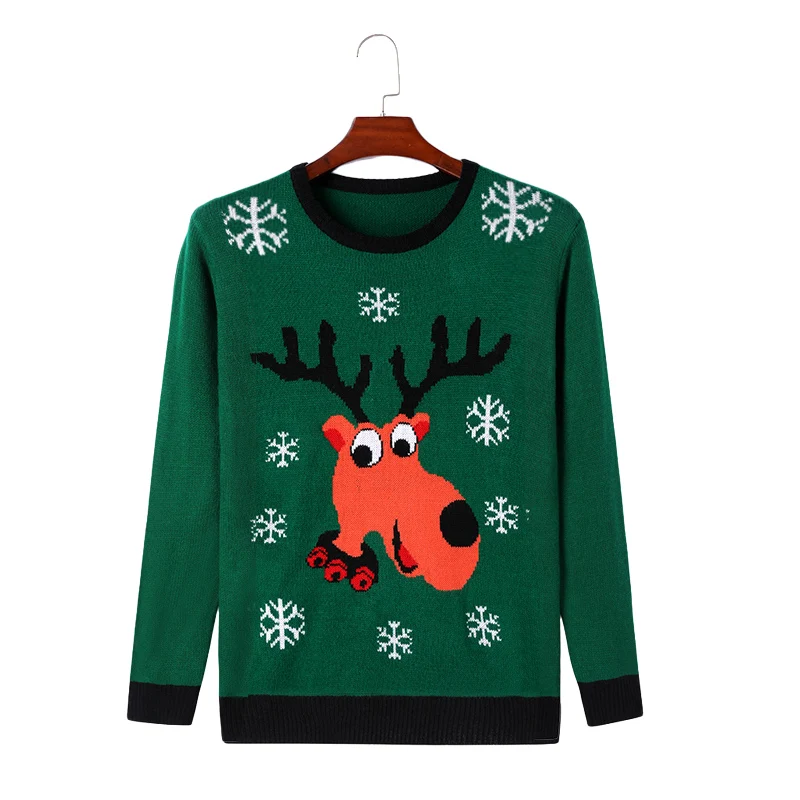 

Custom Green Knitted pullover Funny festival Elk jacquard Desgin Ugly Christmas sweater Plus size Men sweater