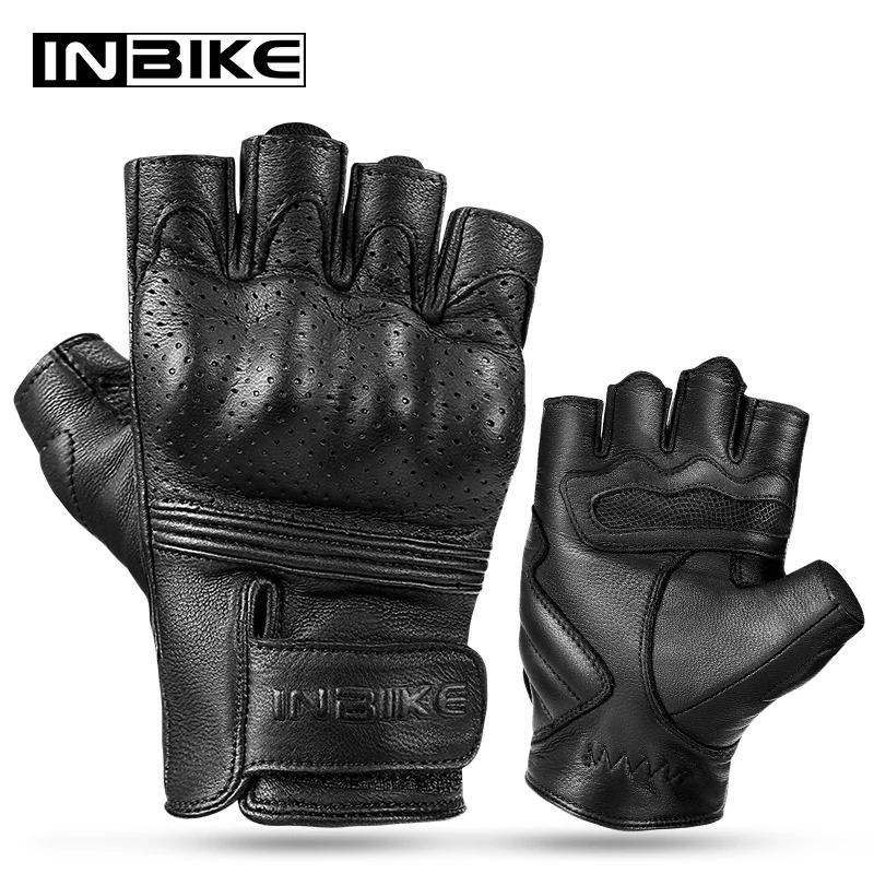 

INBIKE Men Sport Anti Skid Gloves Hook and Loop Strip Goat Leather Half Finger Bike Riding Motorcycle Gloves CM201, Black