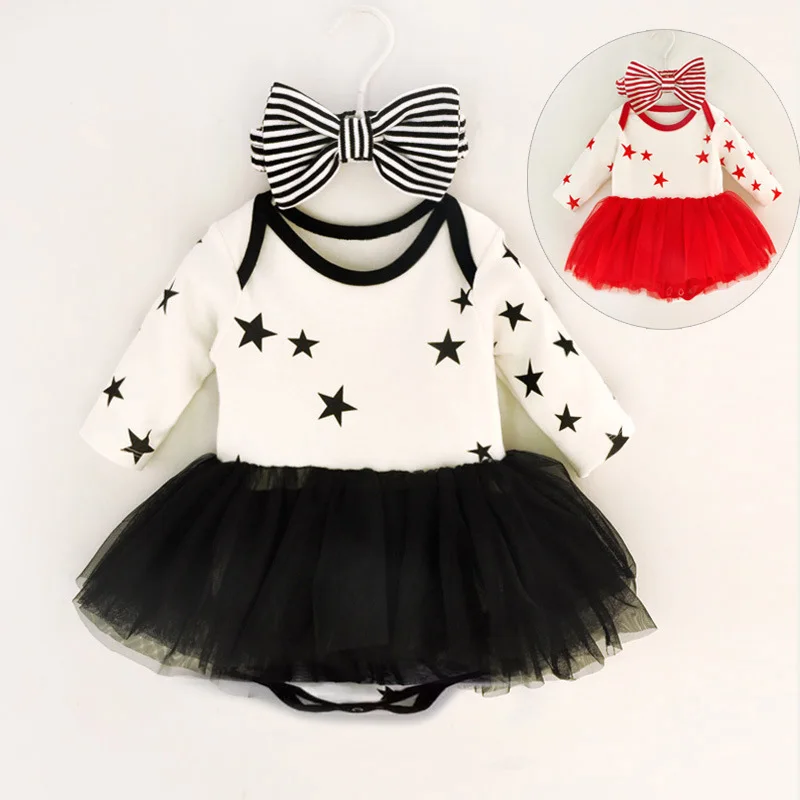 
Baby Spring and Autumn Dress Suit Pentagram Star Skirt One Piece Ball Gown Knitted 100% Cotton Bow Support Infants & Toddlers 