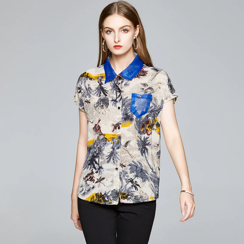 

Droma in stock OEM cheap price chinese factory fashion casual chiffon floral print polo neck women short sleeve sexy blouse