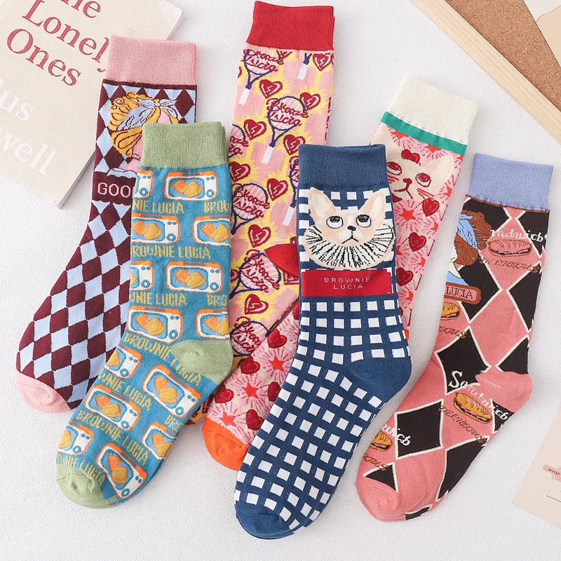 

Color Floral Creative Cartoon Character Argyle Plaid Pattern Jacquard Cute Socks Women Unisex