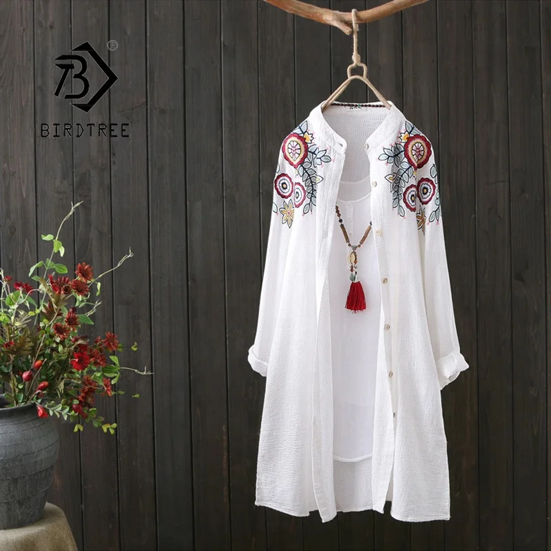 

Ethnic Chinese Style Embroidery Long Shirt Women Loose Stand Collar Long Sleeve Cotton Blouse Tops Plus Size M-3XL T16612X, White/blue
