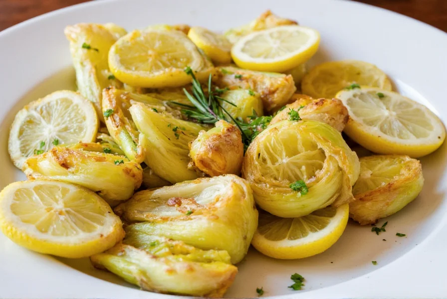 Colorful roasted fennel dish with lemon slices and fresh herbs on white ceramic plate