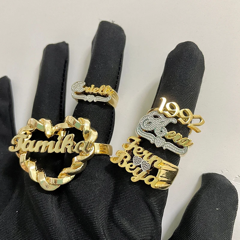 

2021 New Gold Color Women Wedding Couple Rings Women Personal Jewelry Gift Double Name Rings Nameplae Personal Ring Jewelry, Picture