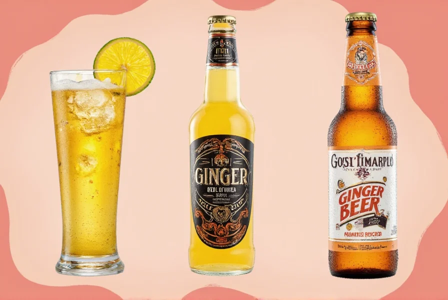 Close-up of ginger beer bottle next to fresh ginger root and cocktail ingredients showing golden liquid with visible carbonation
