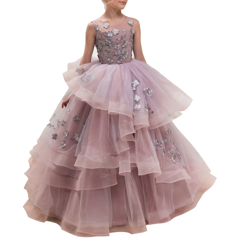 

High Quality 10 Year Old Lace Girls Evening Princess Party Dress For Kids Pink Long Flower Children Pageant Wedding Dresses