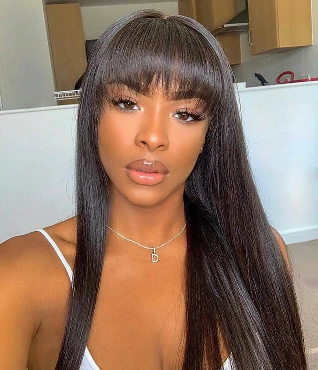 

Human Hair Wig With Bangs Straight Short Bob Hair Long Fringe Wig Women Remy Wig