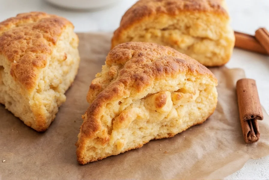 Step-by-step process of making cinnamon scones showing butter being cut into flour mixture