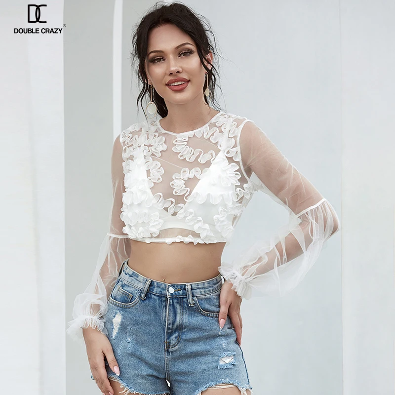 

Weixin Double Crazy Women Mesh Crop Top White Mini Short Top, Customized color