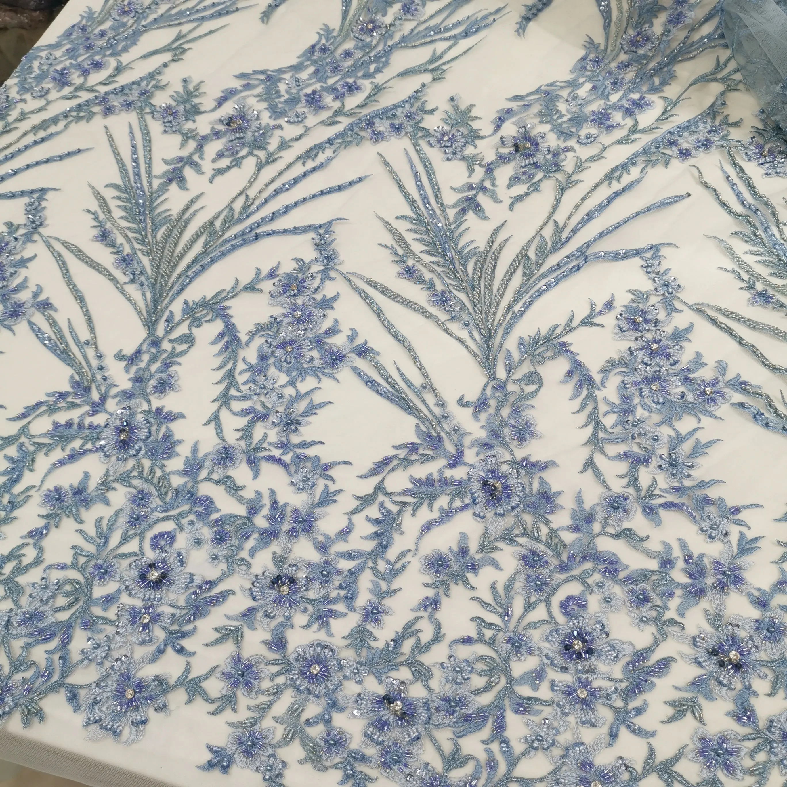 

Wholesale luxury handwork beaded sequin lace fabric high quality flower embroidery lace fabric, Customize