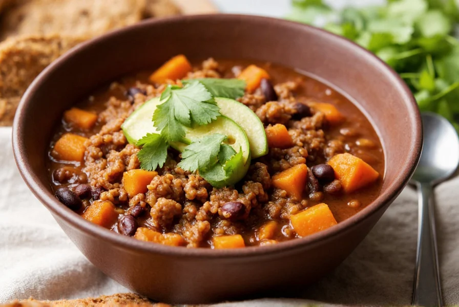 Healthy beef chili lunch bowl with lean ground turkey, sweet potatoes, and black beans served in a ceramic bowl with fresh cilantro garnish