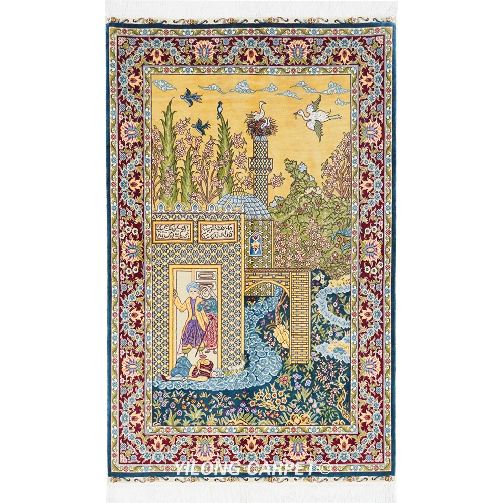 

YILONG 2.7'x4' Handknotted Silk Area Rug Pictorial Scenery Unique Tapestry Rug