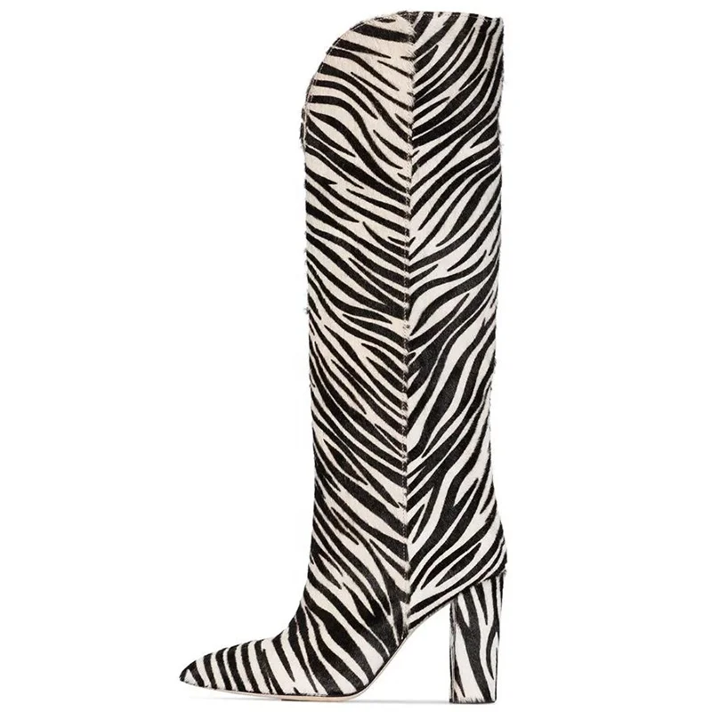 

Winter Shoes 2019 Zebra Pony Hair Chunky Heel Women Knee High Boots, Zebra print