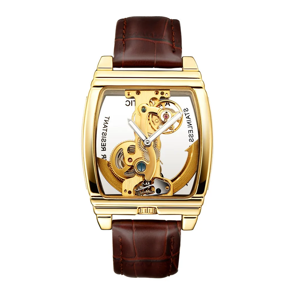 

Man Luxury Automatic Skeleton Mechanical Watches Montre Pour Hommes Leather Gold Silver Steel Watch For Men