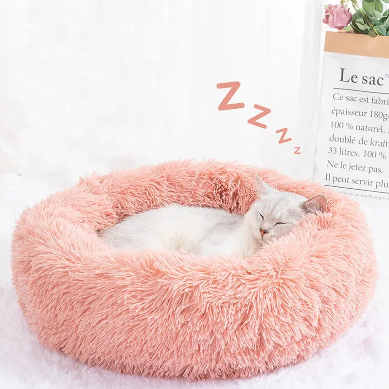 

Dropshipping 2021 Hot Selling Soft Comfy Calming Plush Donut Pet Bed Luxury Solid Fluffy Round Dog Bed Farx Fur House for Cats, 36 colors / customized