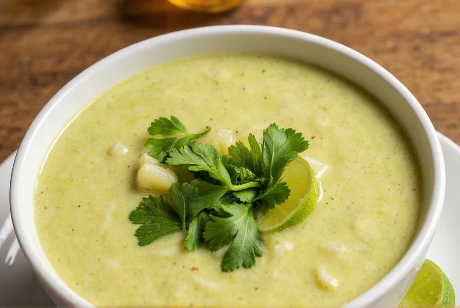 Bowl of creamy poblano pepper soup garnished with cilantro and lime wedges