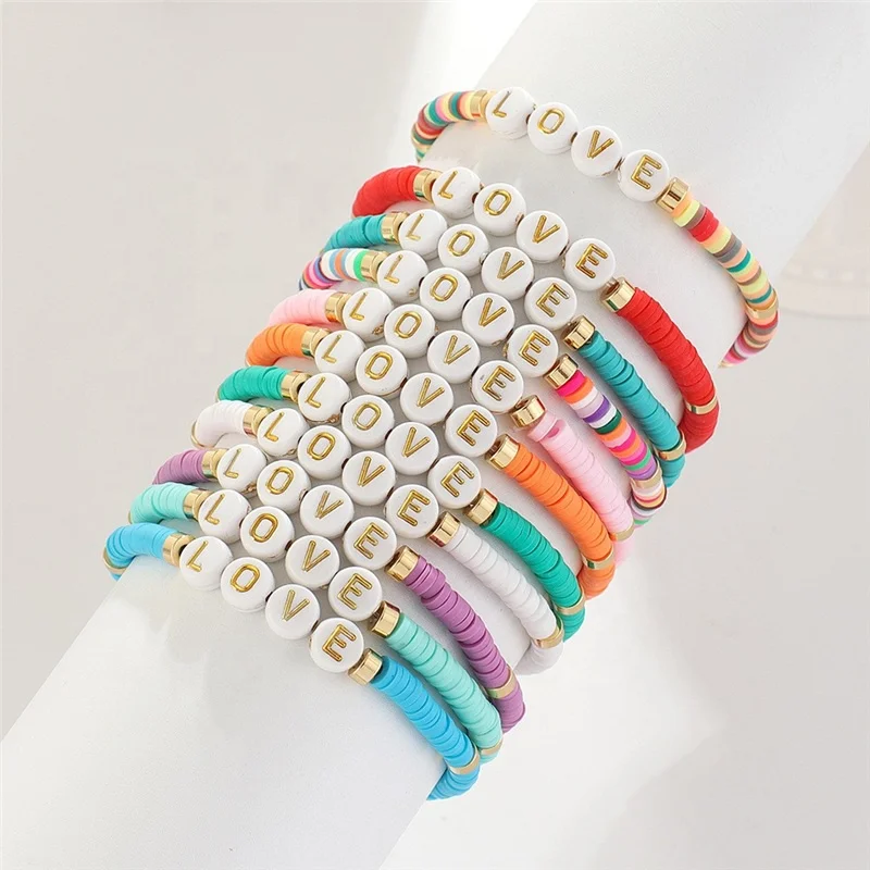 

Wholesale Bohemian Cute Love Letter Round Colorful Polymer Clay Slices Stretch Beads Bracelets Handmade Friendship Jewelry