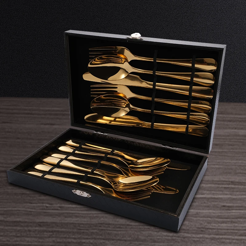 

12-Piece Stainless Steel Flatware Silverware Set With Wooden Gift Box Flatware sets for 12, Sliver/gold/rose gold/rainbow/black/blue/purple