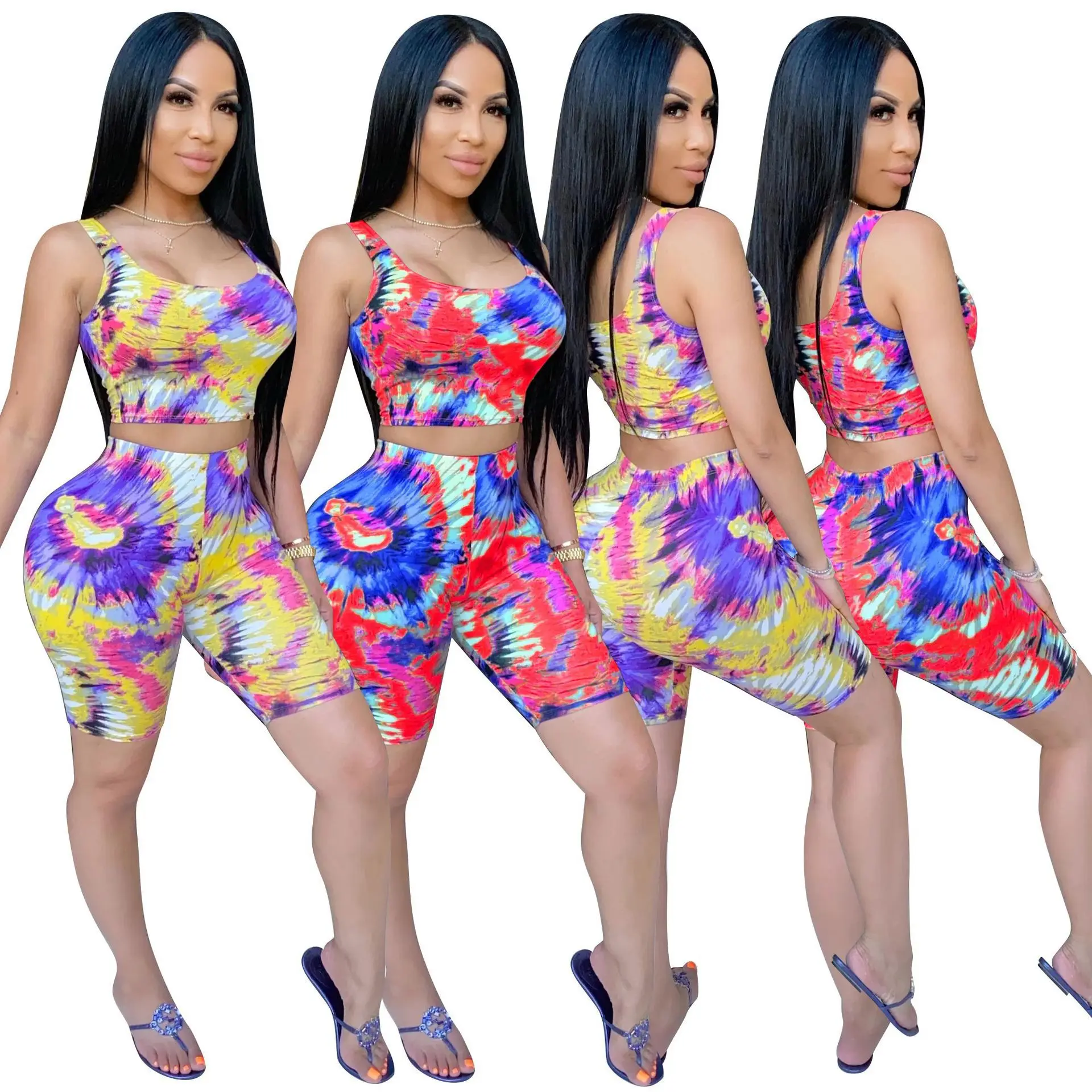 

European and American fashion casual multicolor print suit two-piece set