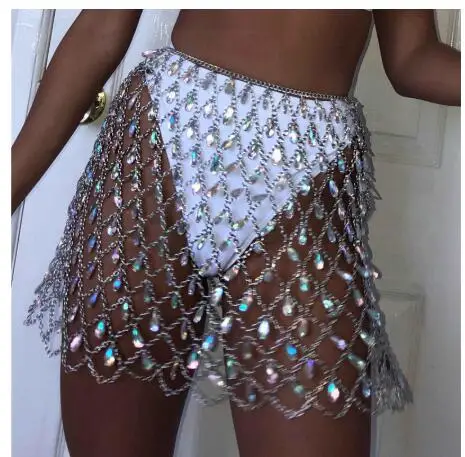 

Women Hollow Mesh Belly Chain Rhinestone Body Chain Jewelry Afro Style Swimsuit Bikini Waist Chain Beach
