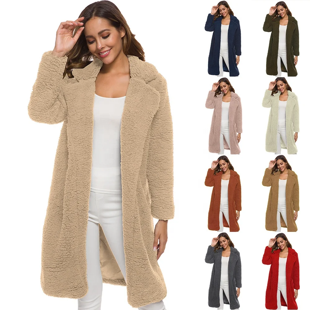 

Wholesale New Solid Color Lamb Fur Medium Length Plush Cardigan Long Coat For Women Winter