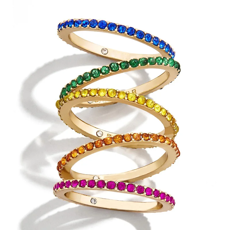 

Women's Bohemian Rainbow Color Round Cubic Zirconia Eternity Ring Colorful Crystal Rhinestone Paved Stackable Band Ring