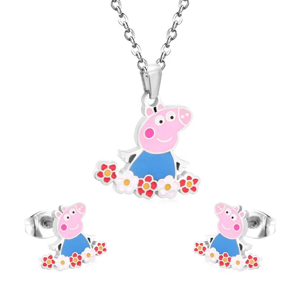 

Hot Sale Cute Fashion Stainless Steel earring and necklace set cartoon pig unique gifts